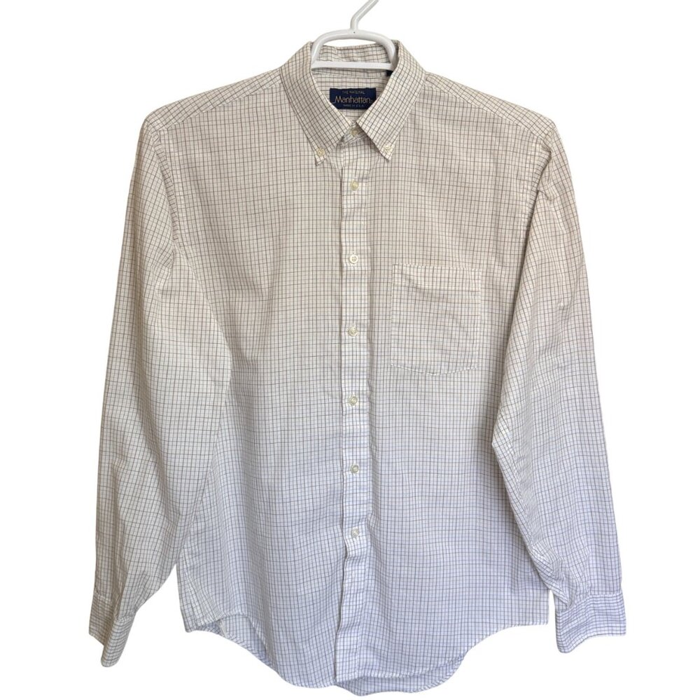 Manhattan Button-Down Shirt Mens 16 34/35 Brown Plaid Cotton Blend Vintage USA